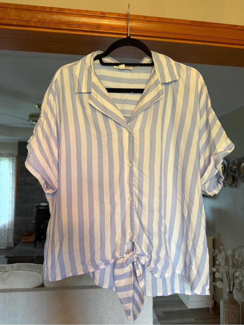 beachlunchlounge Blue and White Striped Tie-Front Button Shirt